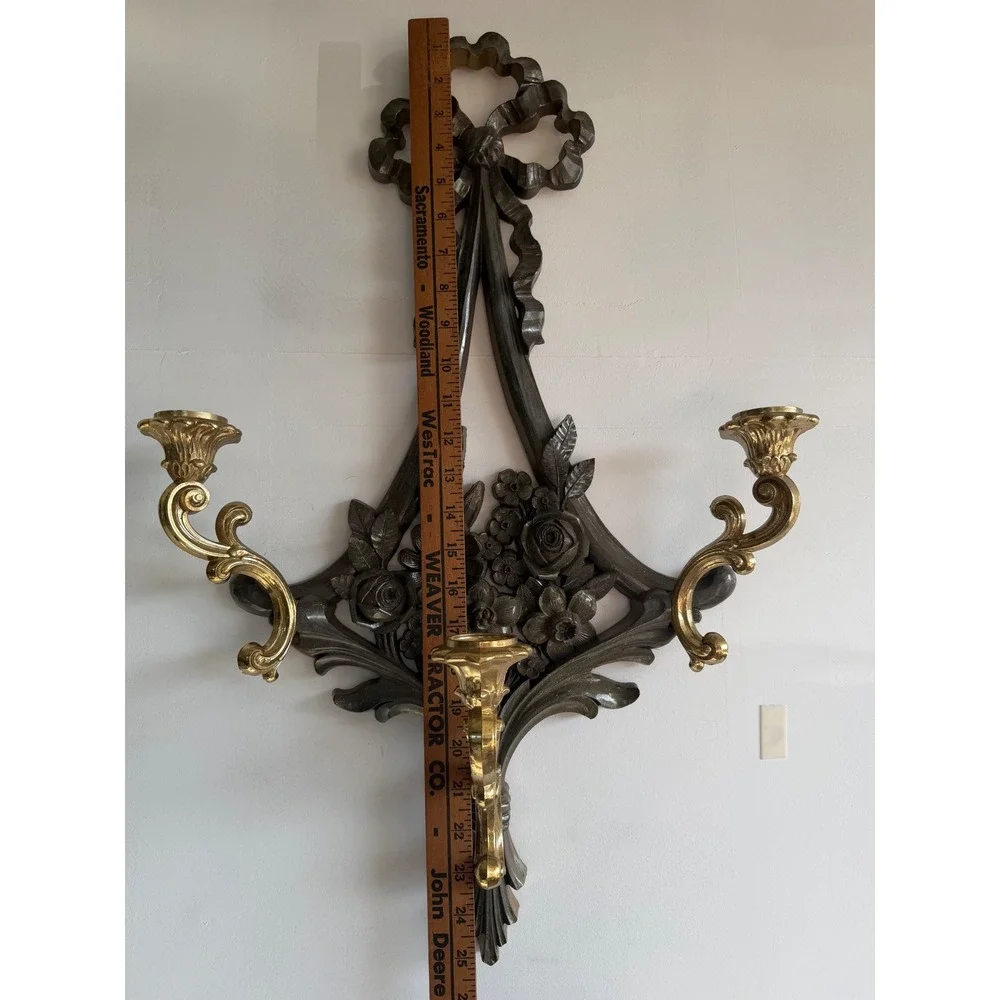 Vintage Syroco 3 Arm Wall Sconce Floral Bow Hollywood Regency Gold Faux Wood 25